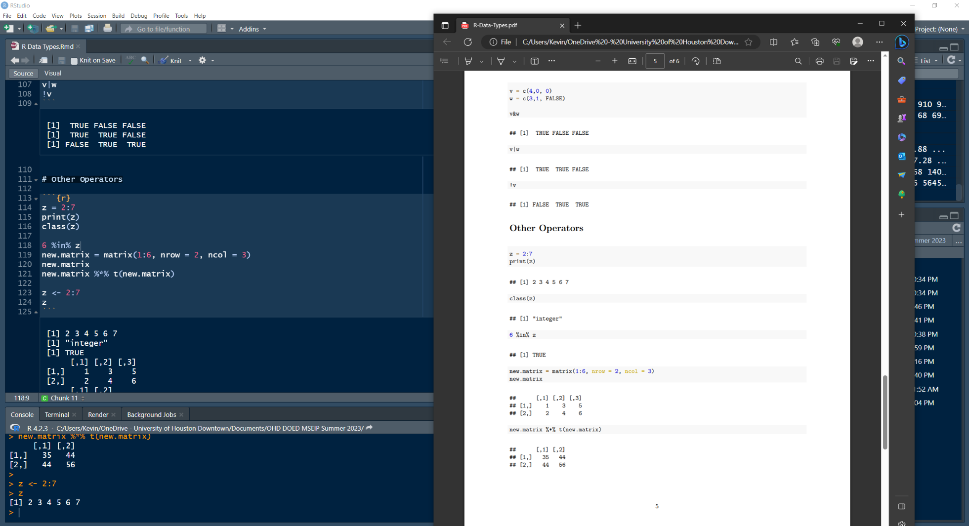 Show how Data types in R Studio