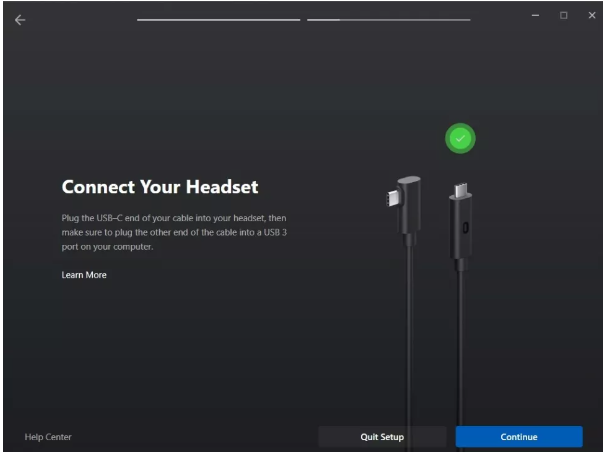 4. Plug one end of the cable into your Meta Quest 2 headset, and the other end of the cable into your PC