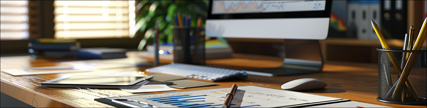 photorealistic desk in the budget office with computer, budget reports, and pens