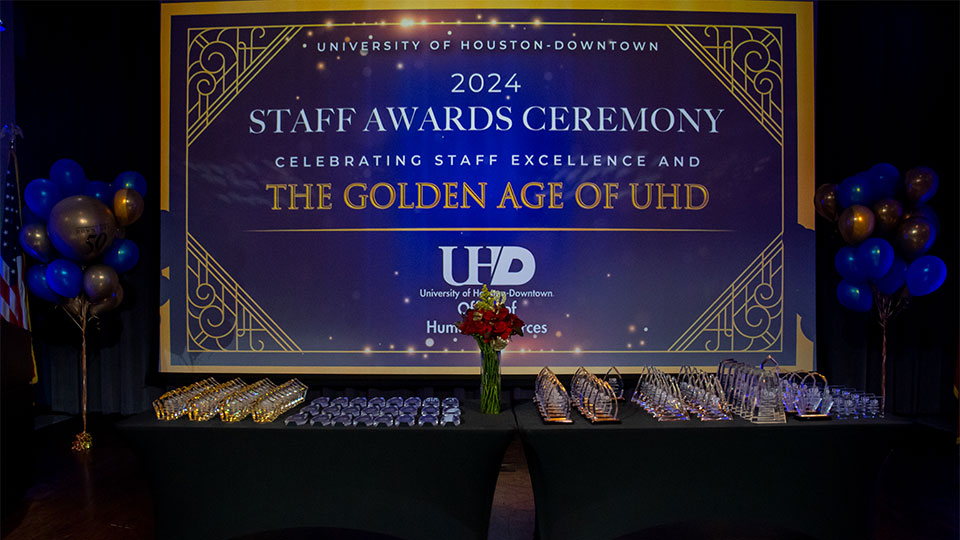 Staff Awards laid out on a table prior to the ceremony