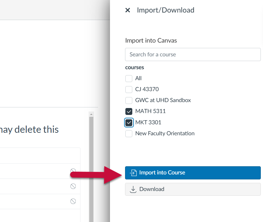 select courses and choose import