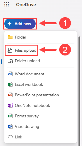 a screenshot of the OneDrive dashboard with the Upload Button and the Drag and Drop Field highlighted