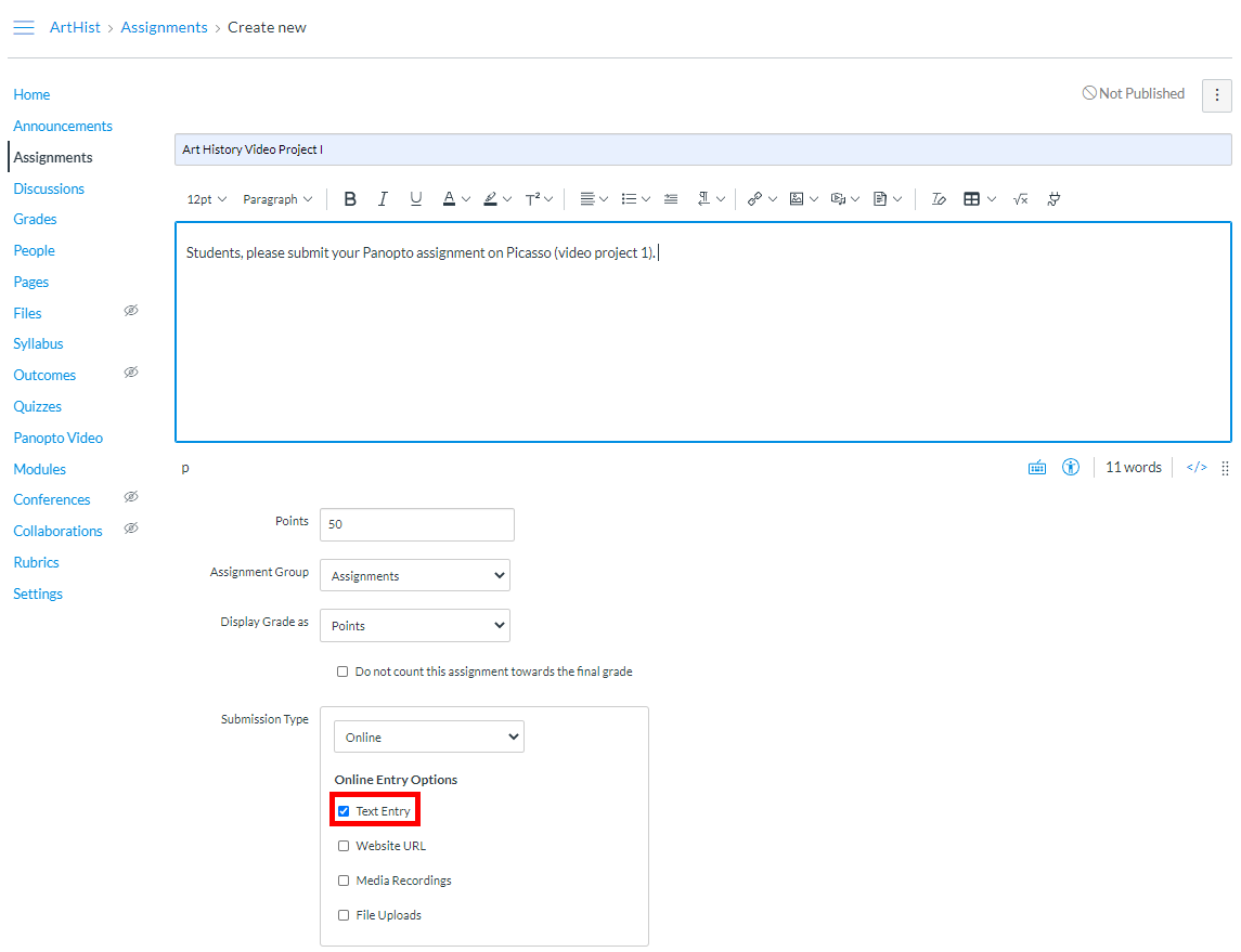 New Assignment window, Canvas. The menu for "Submission Type" is set to "Online," and the option "Text Entry" is selected and highlighted by a red box.