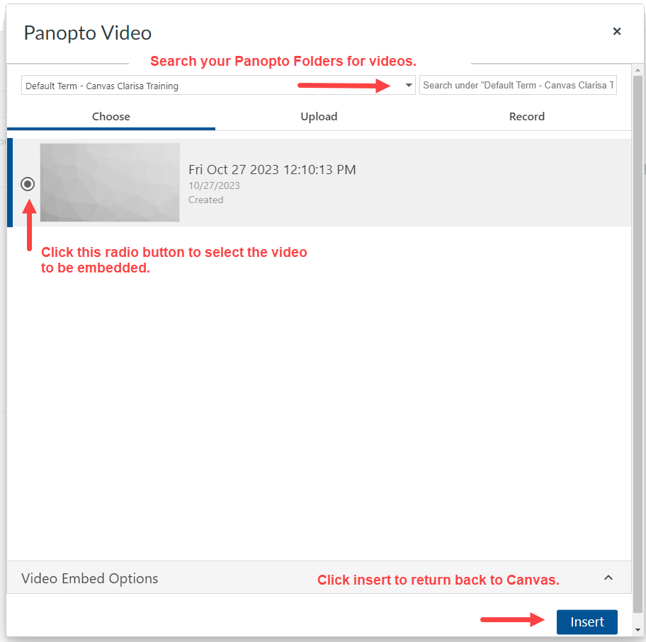 Panopto choose video from list.