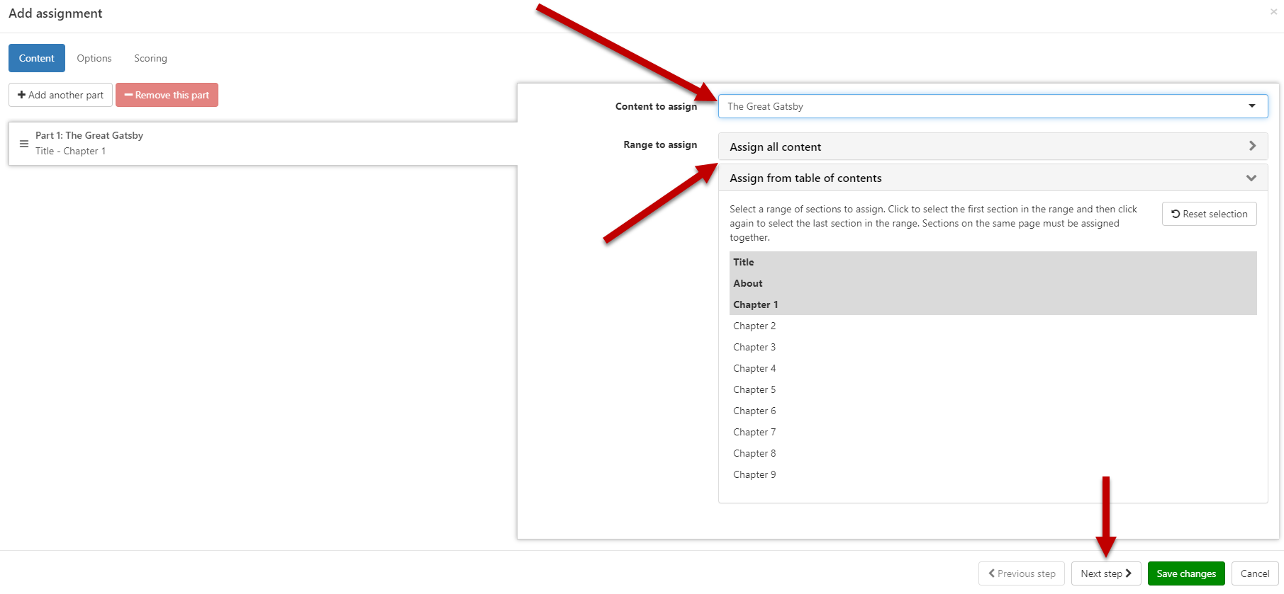 Content to assign and the content range