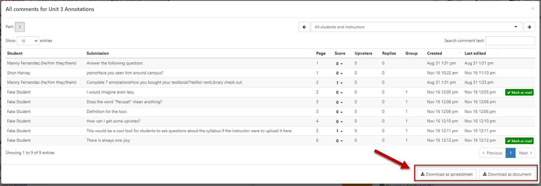 Downlad all comments as a spreadsheet or as a document