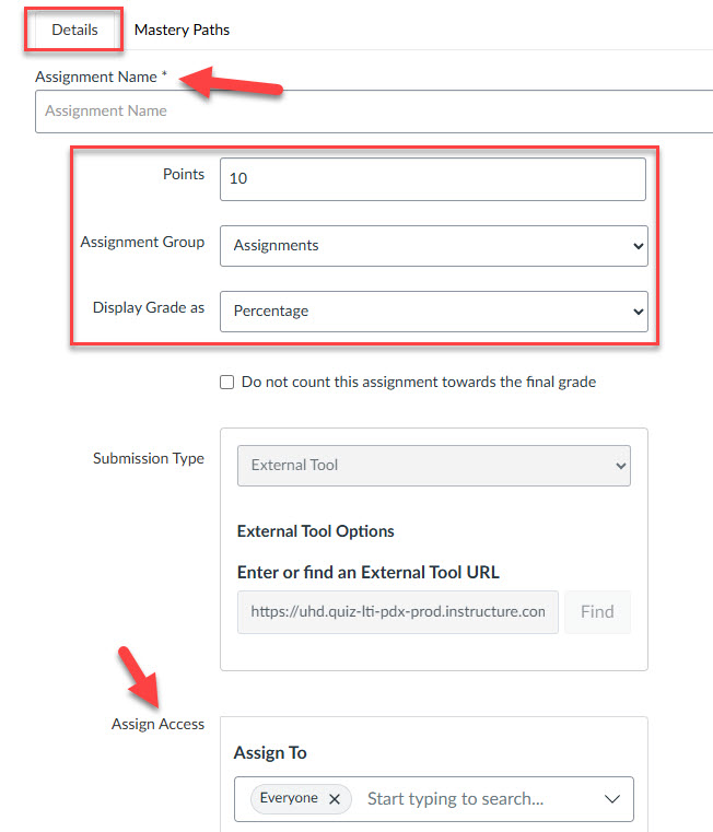 New Quizzes details page highlight assignment name, grade settings, and assign to menu