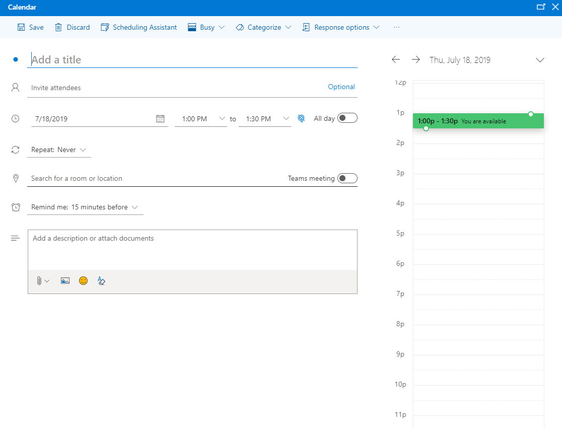 Outlook Calendar new event info screenshot