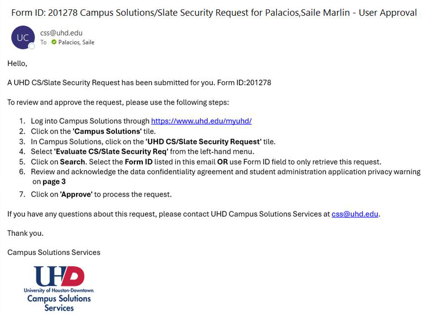 User Security Request Approval Notification email screen capture