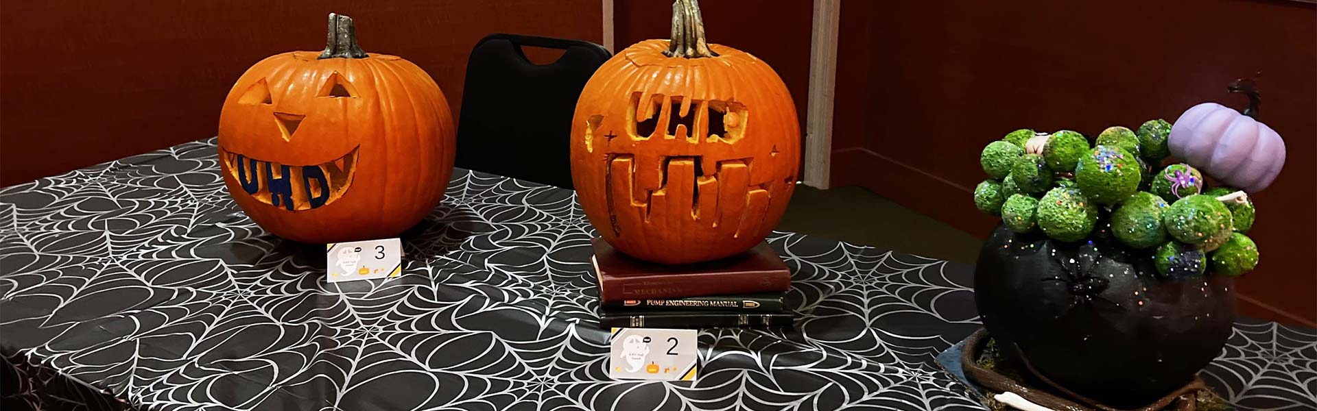 carved pumpkins on table