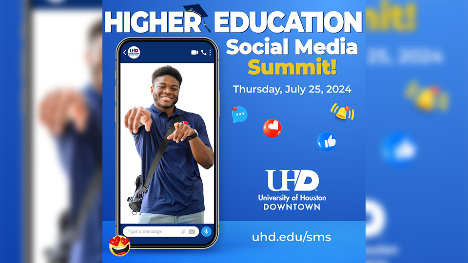 Higher Education Social Media Summit, student pointing towards camera on phone screen