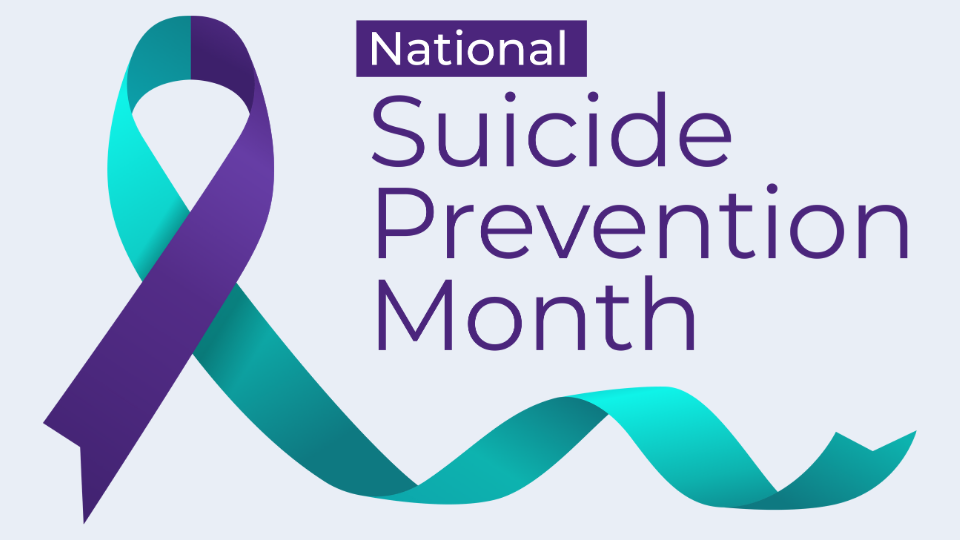 suicide prevention month logo with teal and purple ribbon