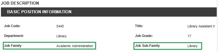 Screenshot of a job description showing where to find the Job Family & Job Sub-Family