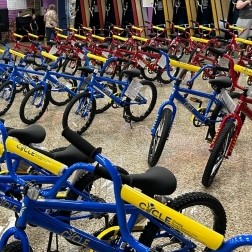 Children's bicycles set up in rows.