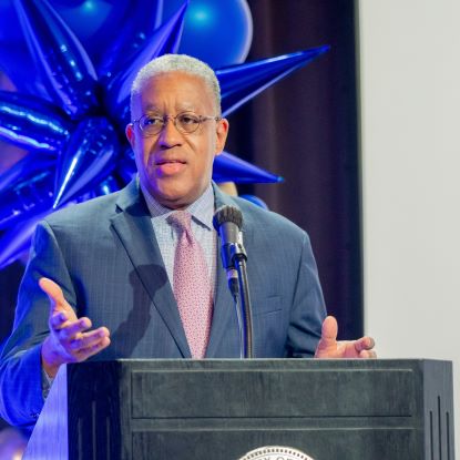 President Blanchard speaks from the podium during his state of the university address.