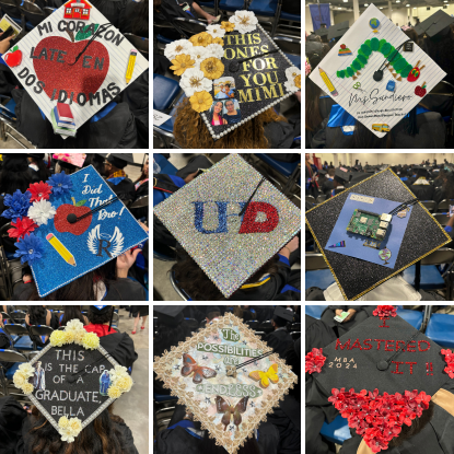 A collage of nine graduate caps decorated with sentimental phrases related to their college or family.