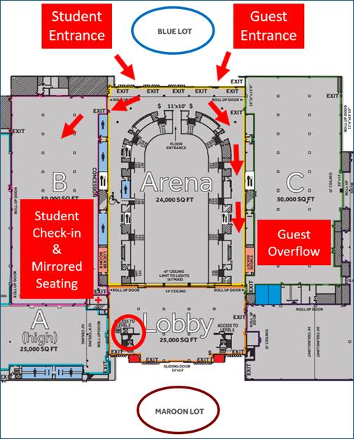 Image of first floor of NRG Arena, highlighting student and guest entrance along with check in location. 