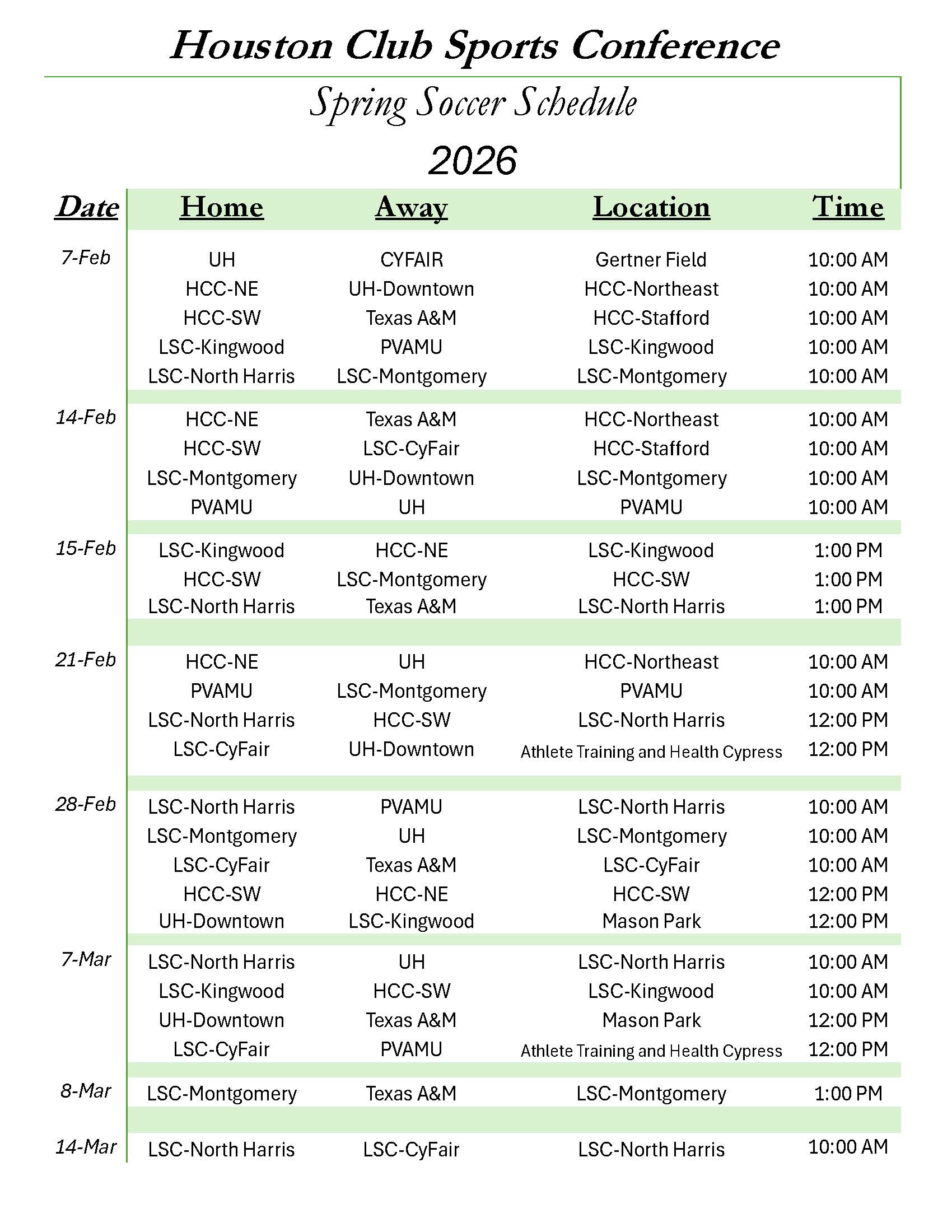 Mens Schedule Spring 2026
