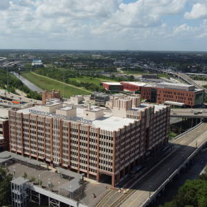 The University of Houston-Downtown campus. One Main Building and the College of Sciences and Technology in downtown Houston. 