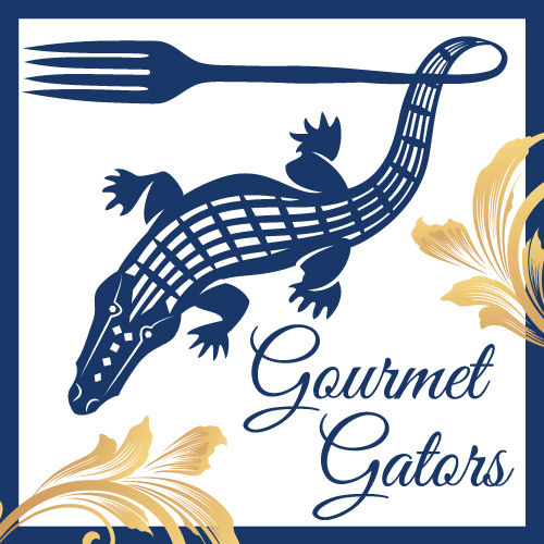 Gold flourishes. Alligator with a fork at the end of its tail. Text reads, 