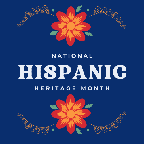 text reads national hispanic heritage month. Two flowers and leaves.