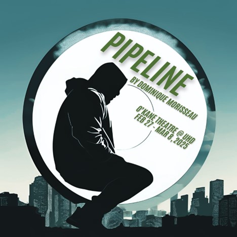 thummail of Pipeline poster, silhoutte of a young man in a hoodie in front of  skyline of buildings