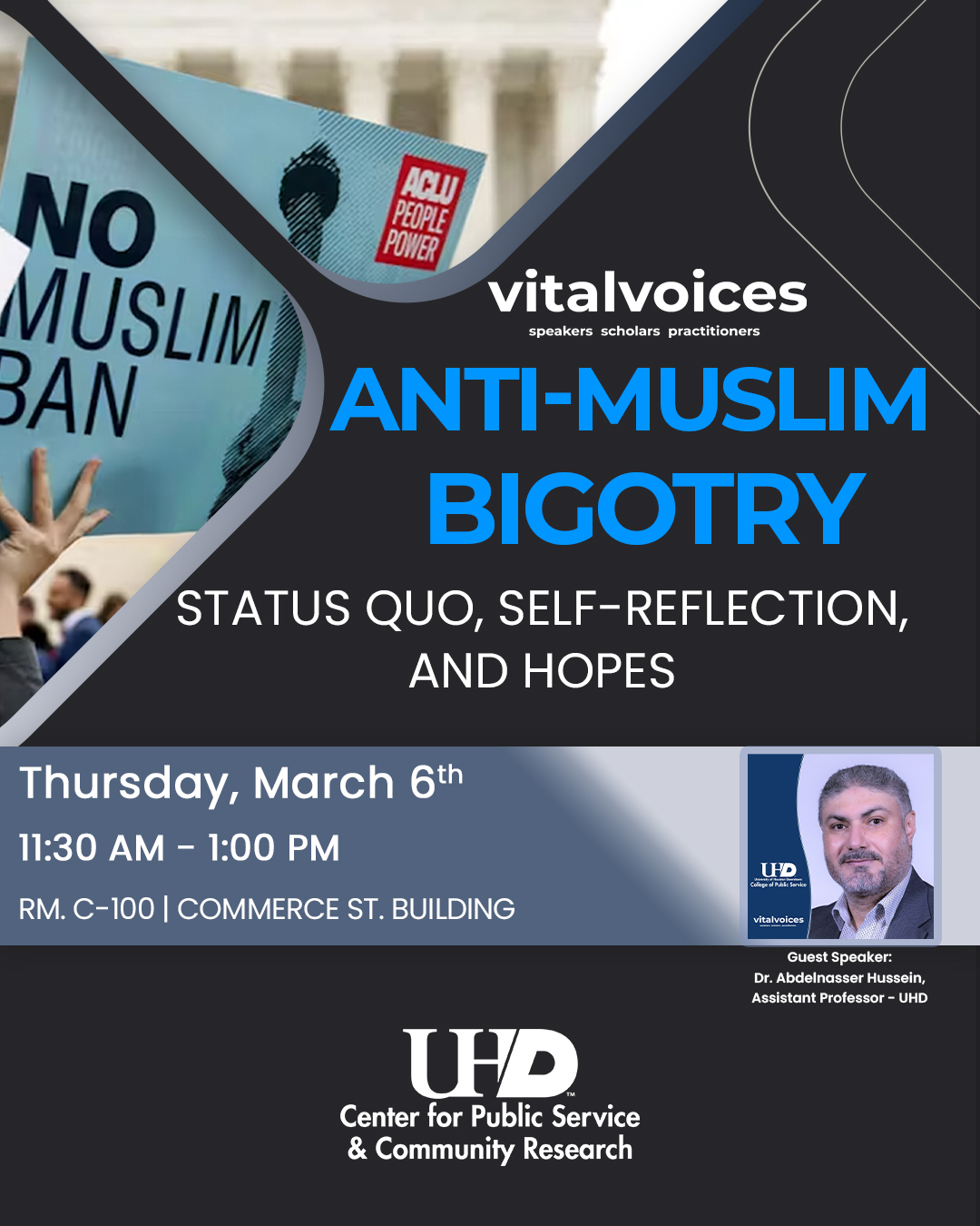 vitalvoices -Anti-Muslim Bigotry: Status Quo, Self-Reflection, & Hopes - Thursday, Mar 6th from 11:30 am – 1:00 pm