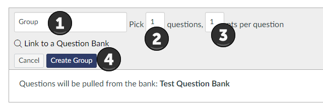 a screenshot of the Create Question group dialog box with Pick questions, points per question and create group highlighted