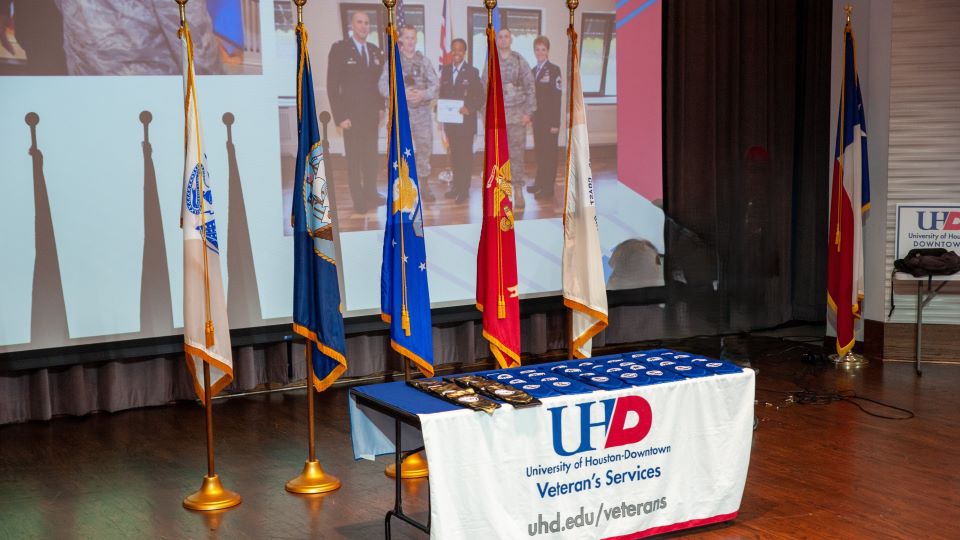 Stage with military flags