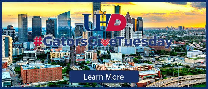 Houston Skyline, UHD Logo, #GatorsGiveTuesday Logo, Learn More Button