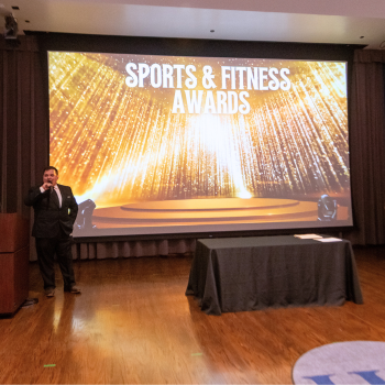 Ricky Rodriguez esports coordinator and uhd sports and fitness staff member emcees the sports and fitness student awards at one main event 