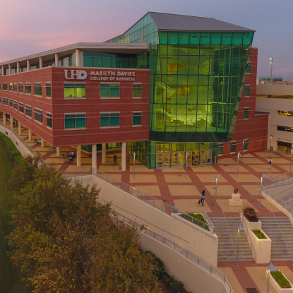 Exterior of University of Houston-Downtown's Marilyn Davies College of Business at dusk